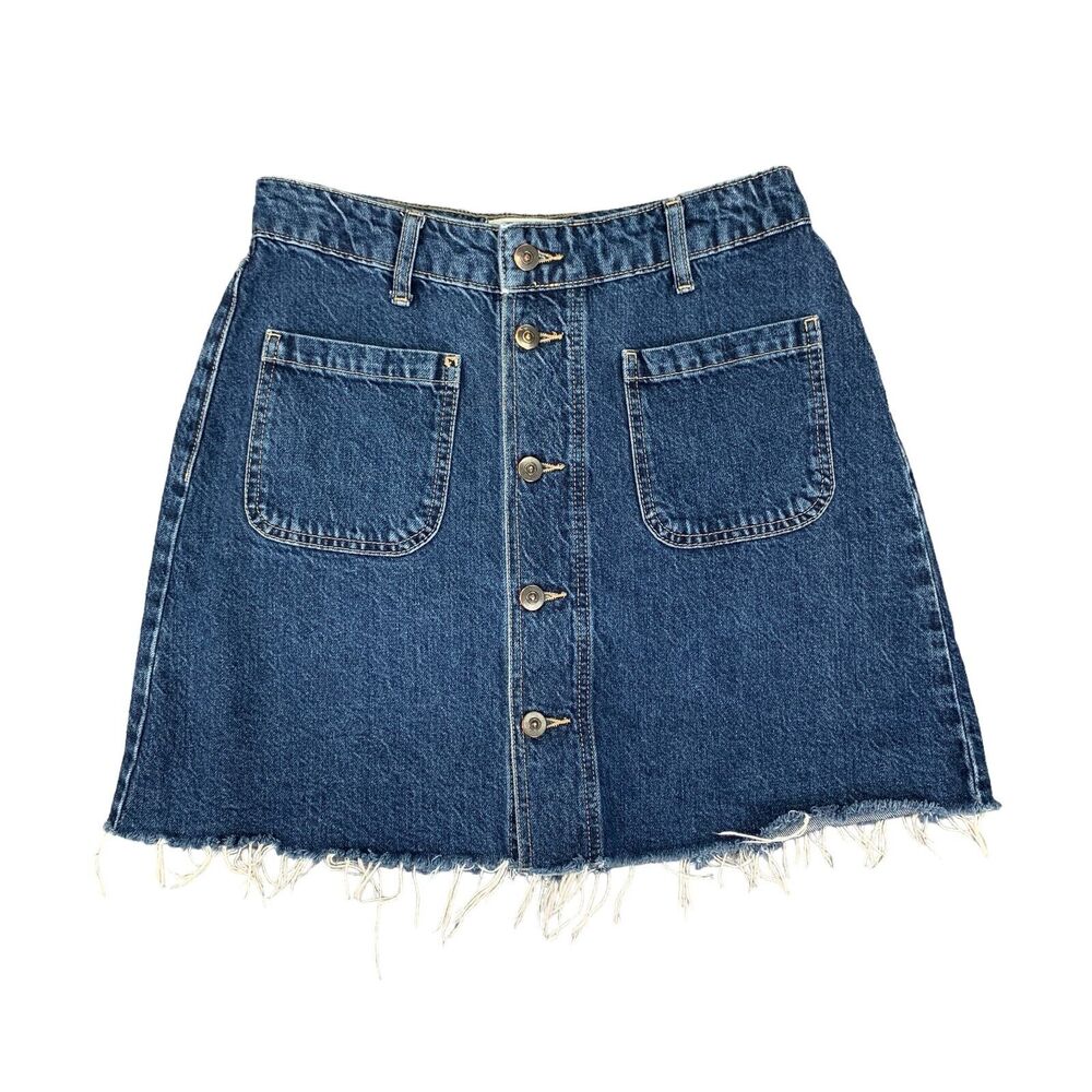 Boden Skirt Womens 6 Blue Cotton Button Front‎ Denim Distressed Hem Pocket Mini